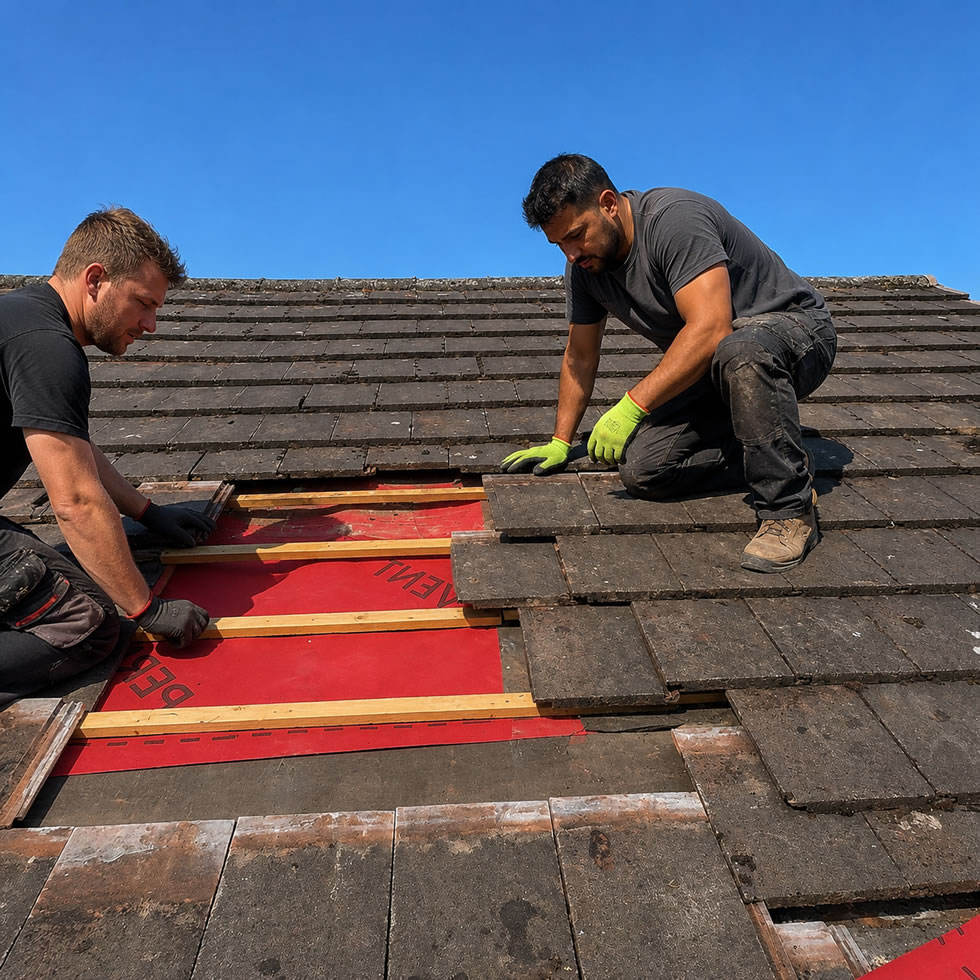 Good roofers working on roof repairs in UK