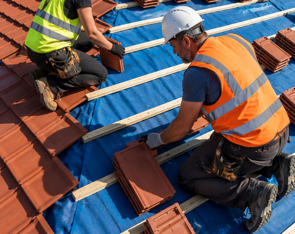 Roofers replacing roof tiles on roof - free roofing quotes